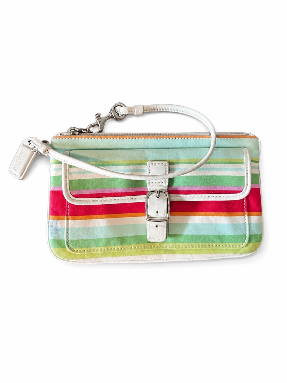 Coach vintage Multicolor Striped Wristlet Clutch with White Trim